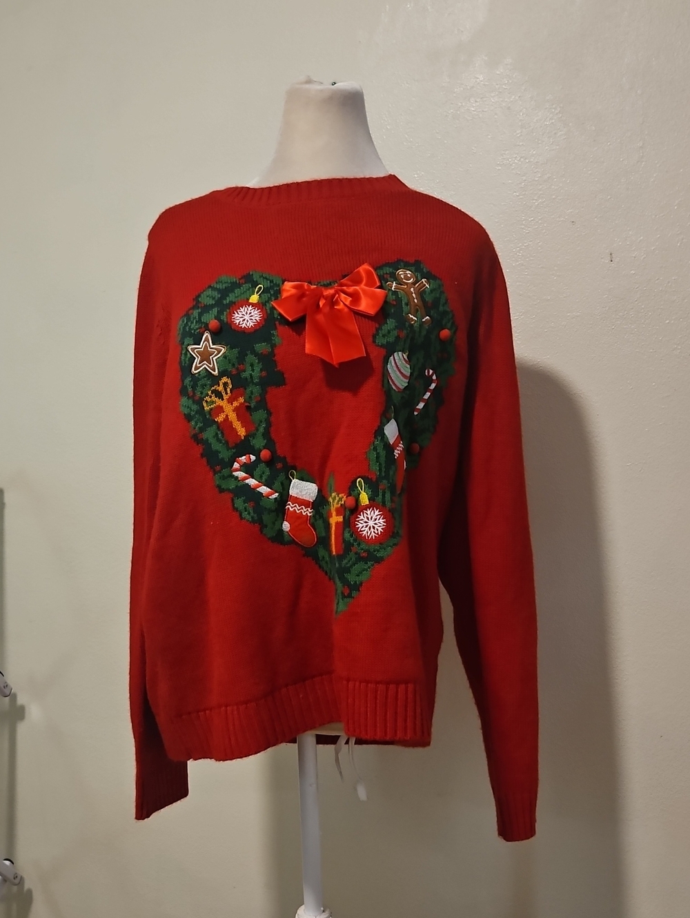 Karen Scott Red Christmas Heart Wreath Sweater with Bow Accent XL